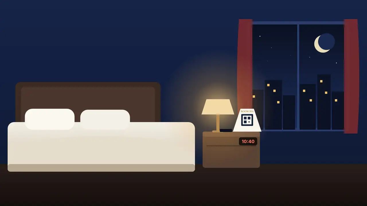 A hotel room at night: a QR card on the bedside table beside the guest's phone.